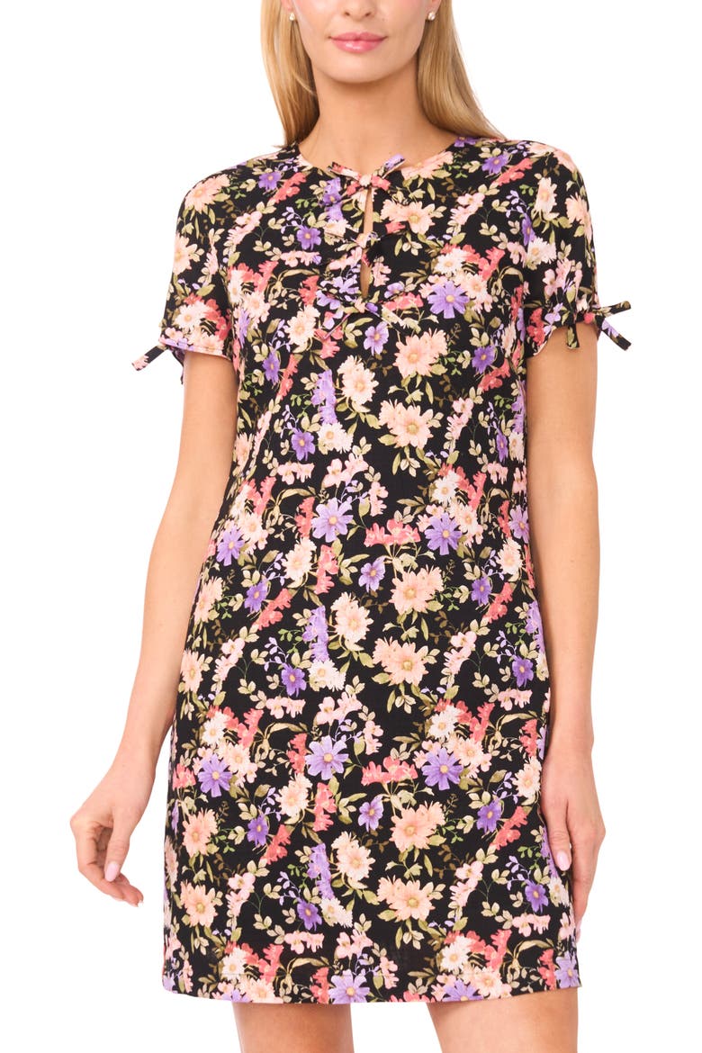 Floral Tie Sleeve Minidress, Alternate, color, RICH BLACK