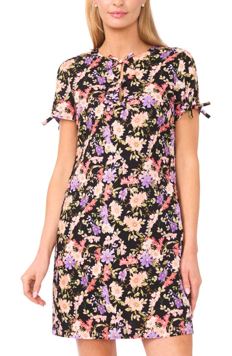 CeCe Floral Tie Sleeve Minidress, Alternate, color, Rich Black