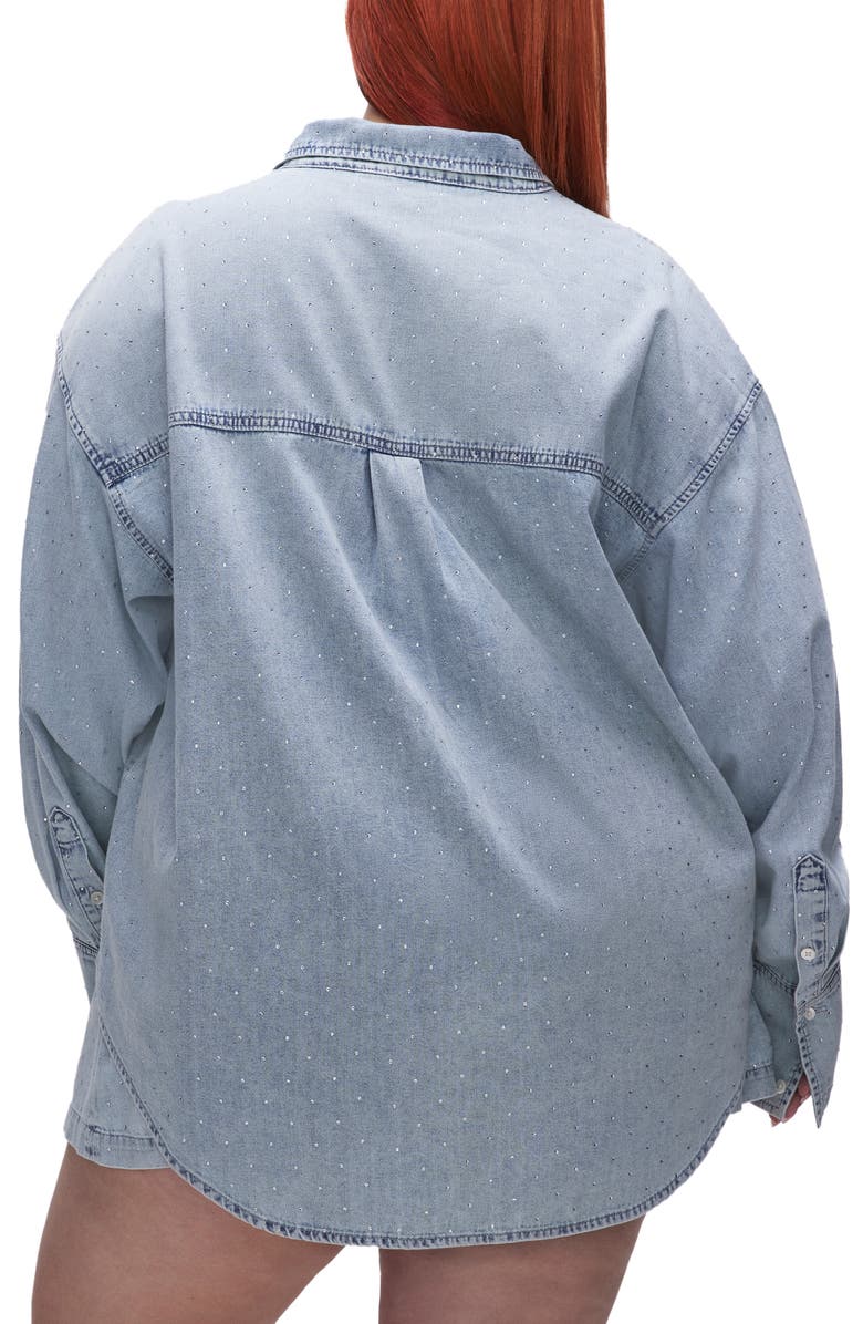 Good American Weekend Rhinestone Oversize Nonstretch Denim Button-Up Shirt, Alternate, color, Indigo499