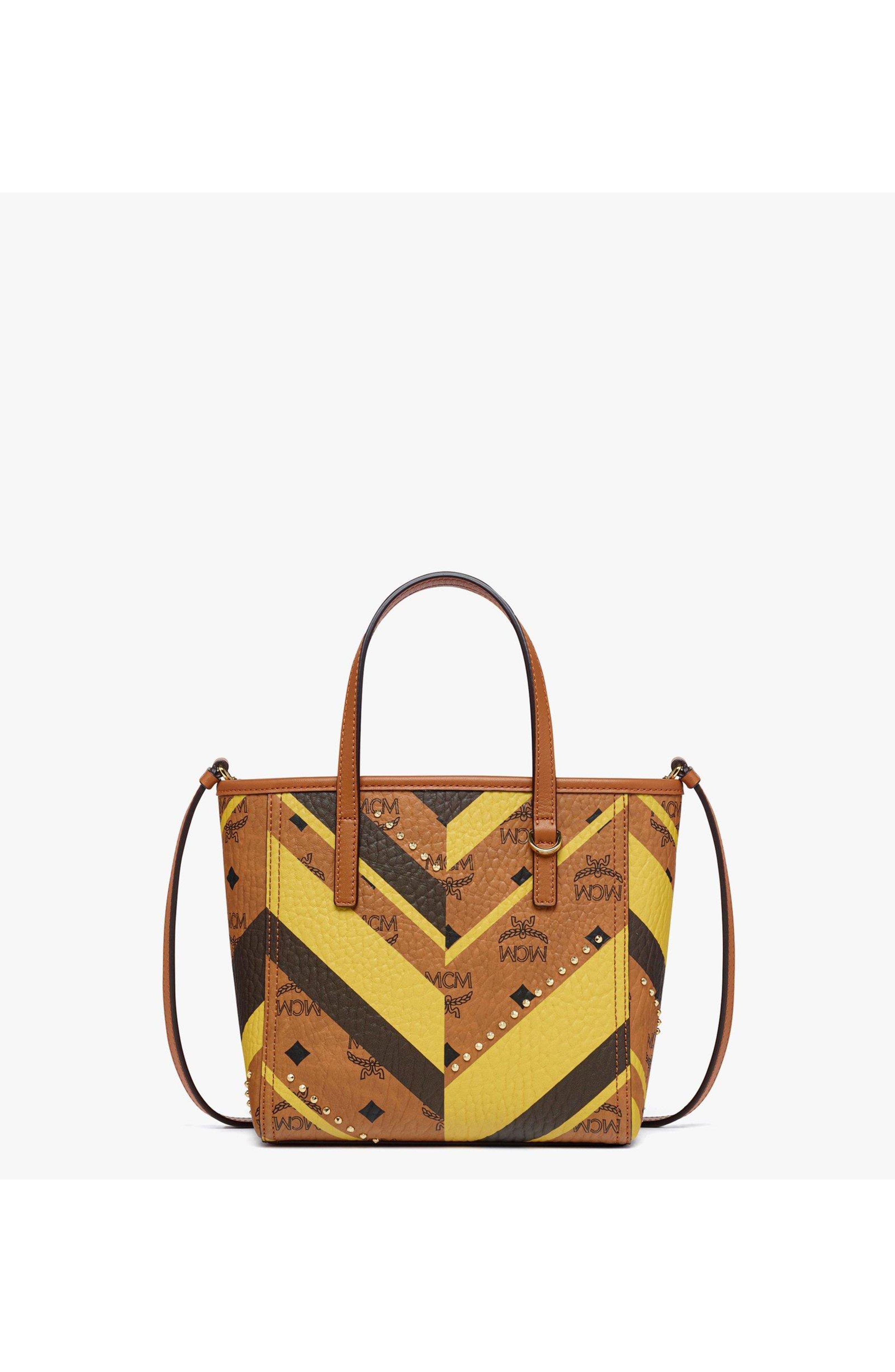 MCM Studded Toni Top-Zip Shopper in Mega Herringbone Visetos, Main, color, Cognac