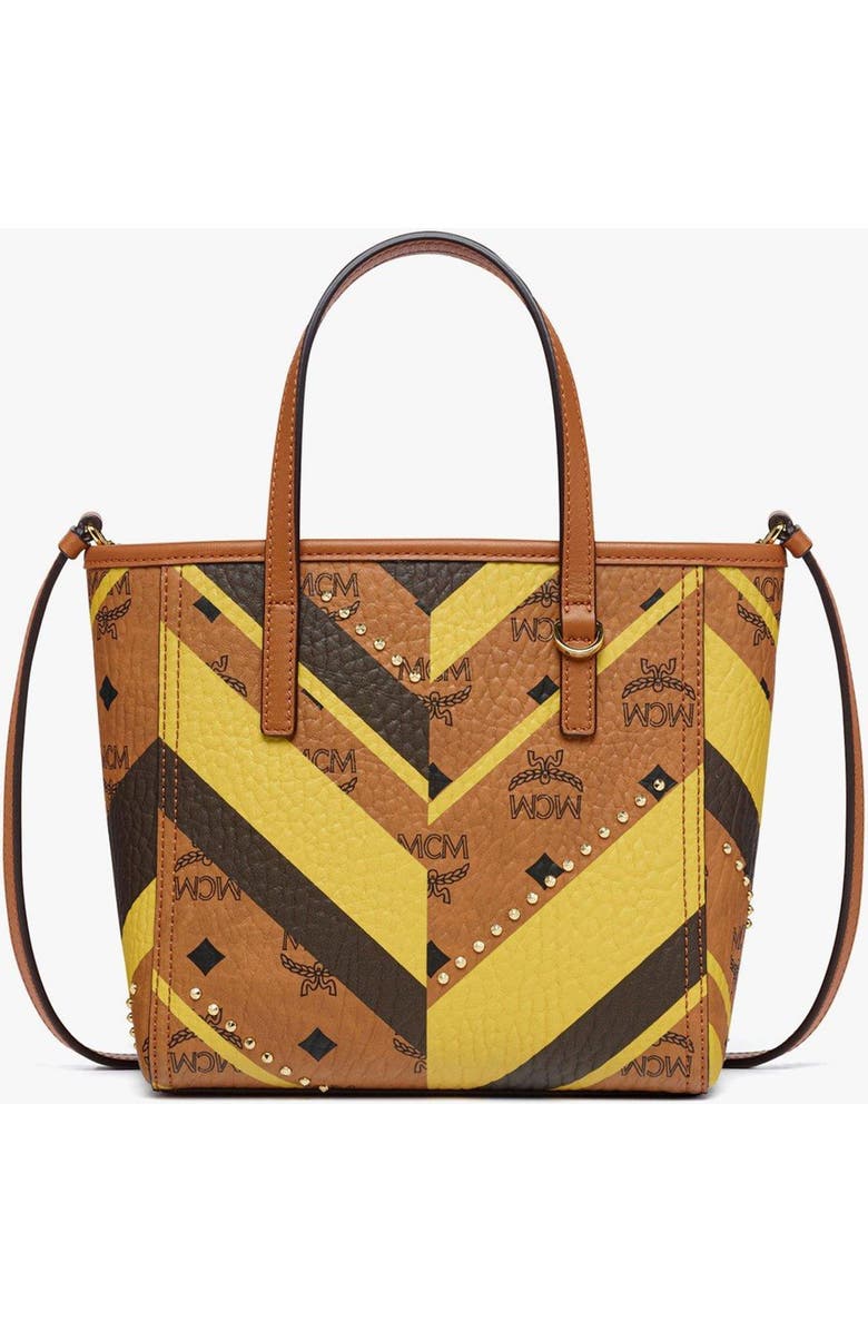 MCM Studded Toni Top-Zip Shopper in Mega Herringbone Visetos, Main, color, Cognac