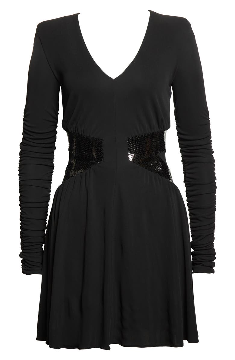 Balmain Sequin Waist Long Sleeve Fit & Flare Minidress, Alternate, color,