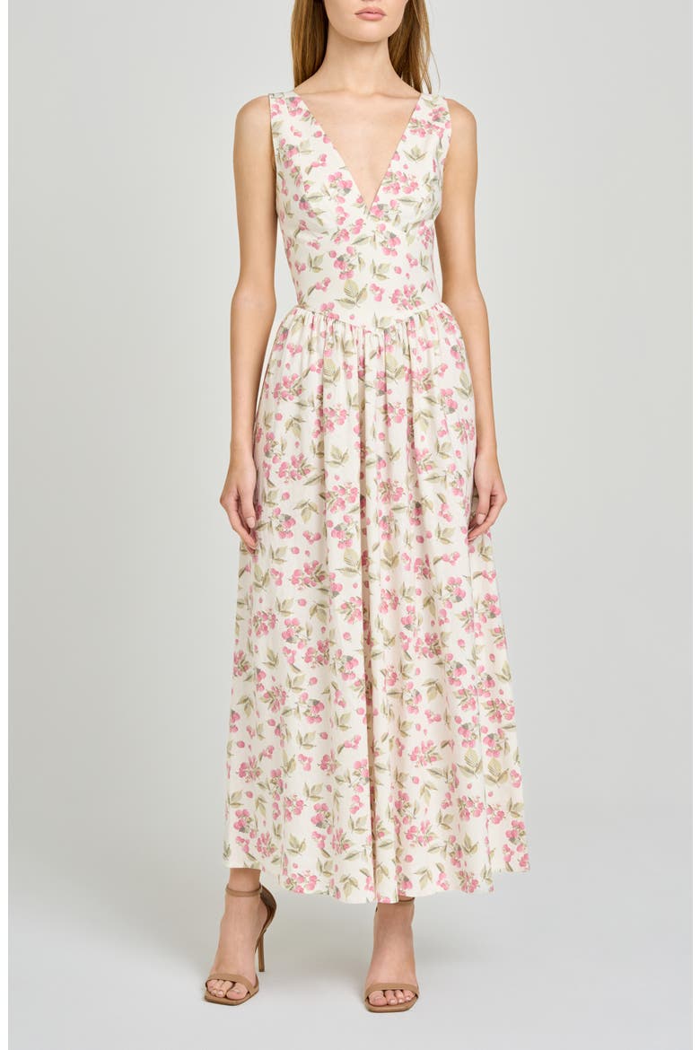 Vivia Floral Plunge Neck Drop Waist Midi Dress, Alternate, color, GARDEN RASPBERRY