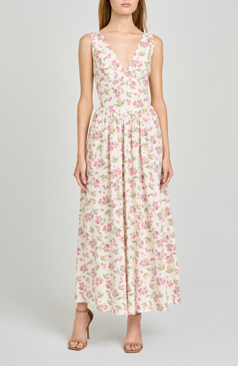 WAYF Vivia Floral Plunge Neck Drop Waist Midi Dress, Alternate, color, Garden Raspberry