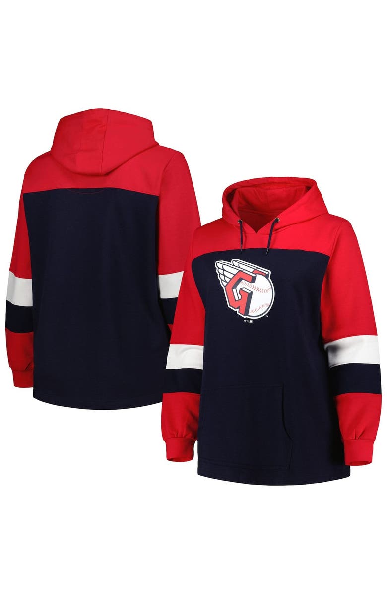 PROFILE Women's Navy Cleveland Guardians Plus Size Colorblock Pullover Hoodie, Main, color, 