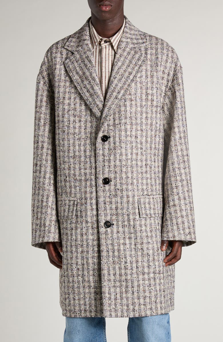 Bottega Veneta Gingham Wool Blend Bouclé Topcoat, Main, color, Black/ Loam/ Chalk