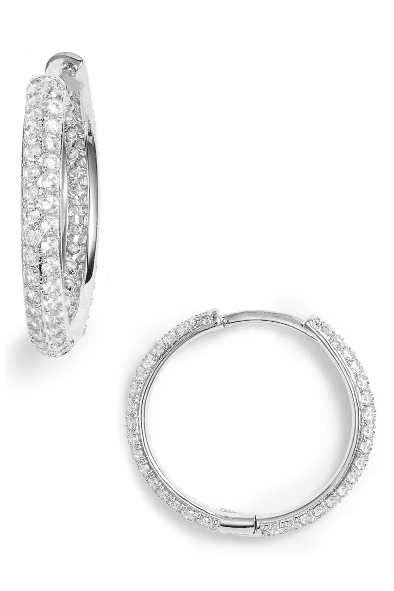 Small Pavé Hoop Earrings, Main, color, CLEAR- SILVER
