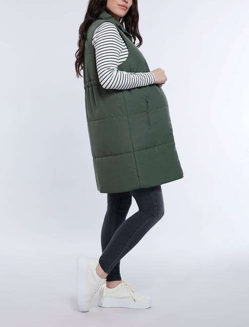 Motherhood Maternity Woven Full-zip Sleeveless Quilted Puffer Vest In Olive