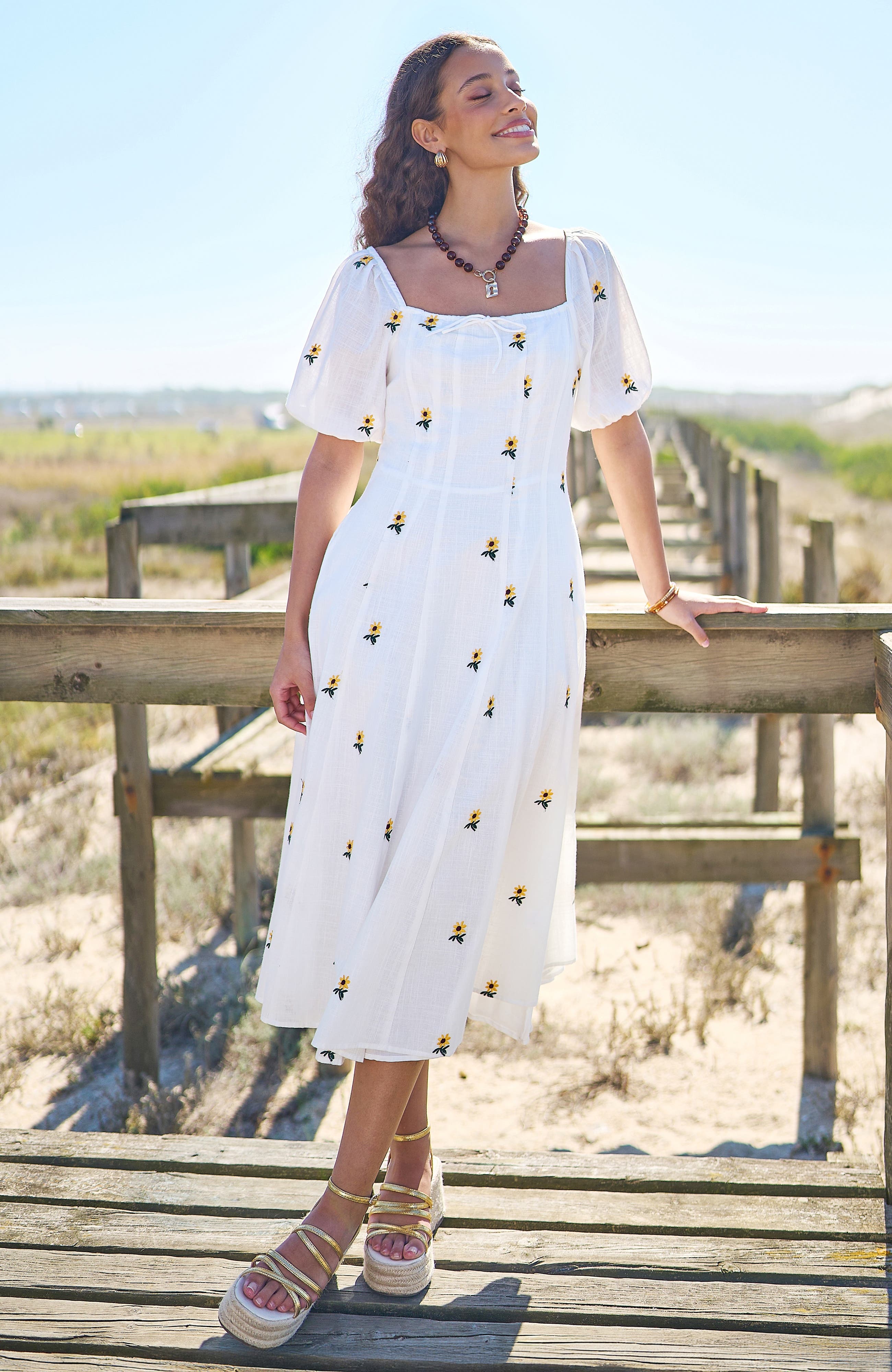 Yumi Cotton Sunflower Embroidered Midi Dress (Women) | Nordstrom