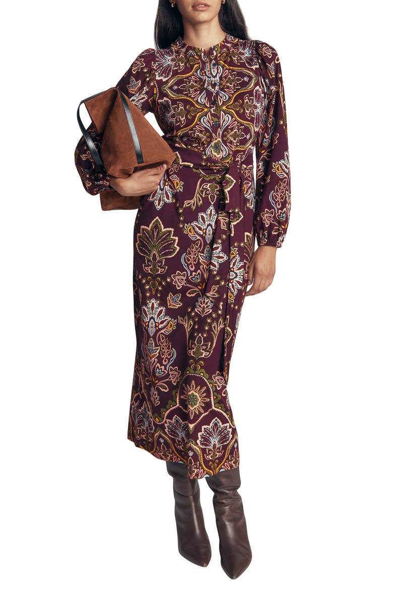 Eli Belted Jersey Midi Dress, Main, color, DARK CHERRY, ENCHANTED FLORA