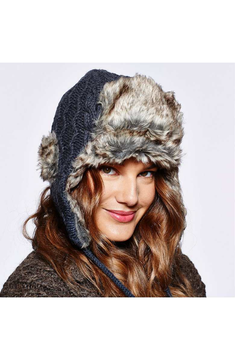 Nirvanna Designs Cable Knit Russian Hat w/ Faux Fur, Alternate, color, Black