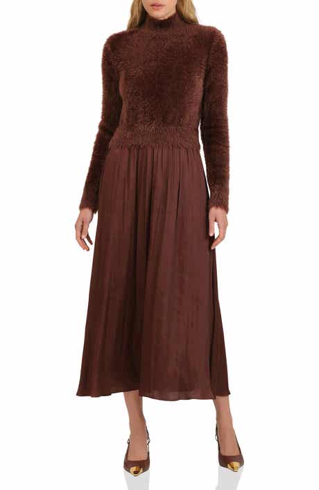 Avec Les Filles Long Sleeve Mixed Media Maxi Dress