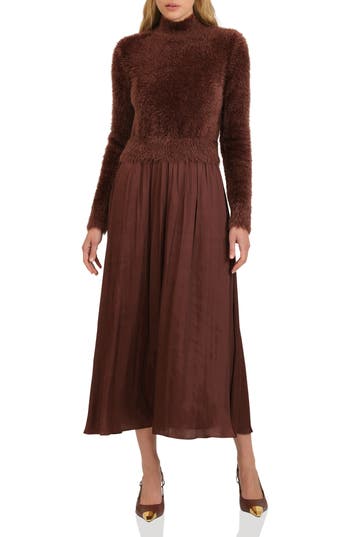 Avec Les Filles Long Sleeve Mixed Media Maxi Dress In Brown