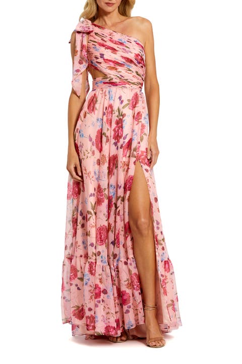 Women's One Shoulder Floral Maxi Gown with Side Cutout