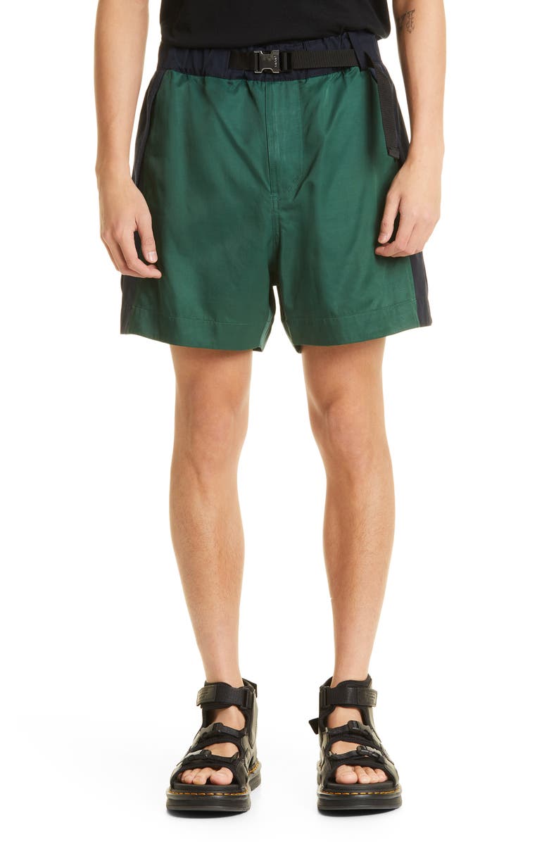 Sacai Belted Colorblock Twill Shorts, Main, color, Green