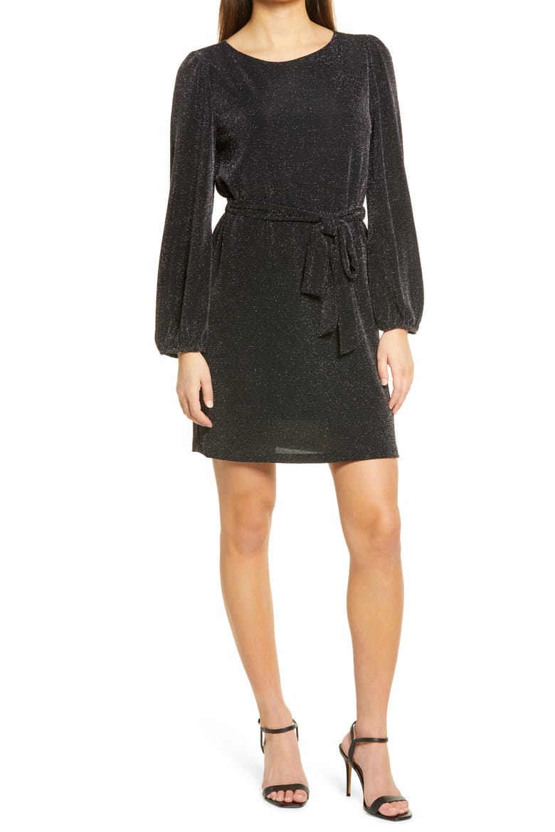 Metallic Long Sleeve Tie Waist Dress, Main, color, BLACK