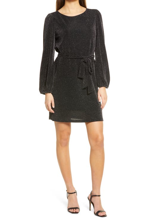 Metallic Long Sleeve Tie Waist Dress