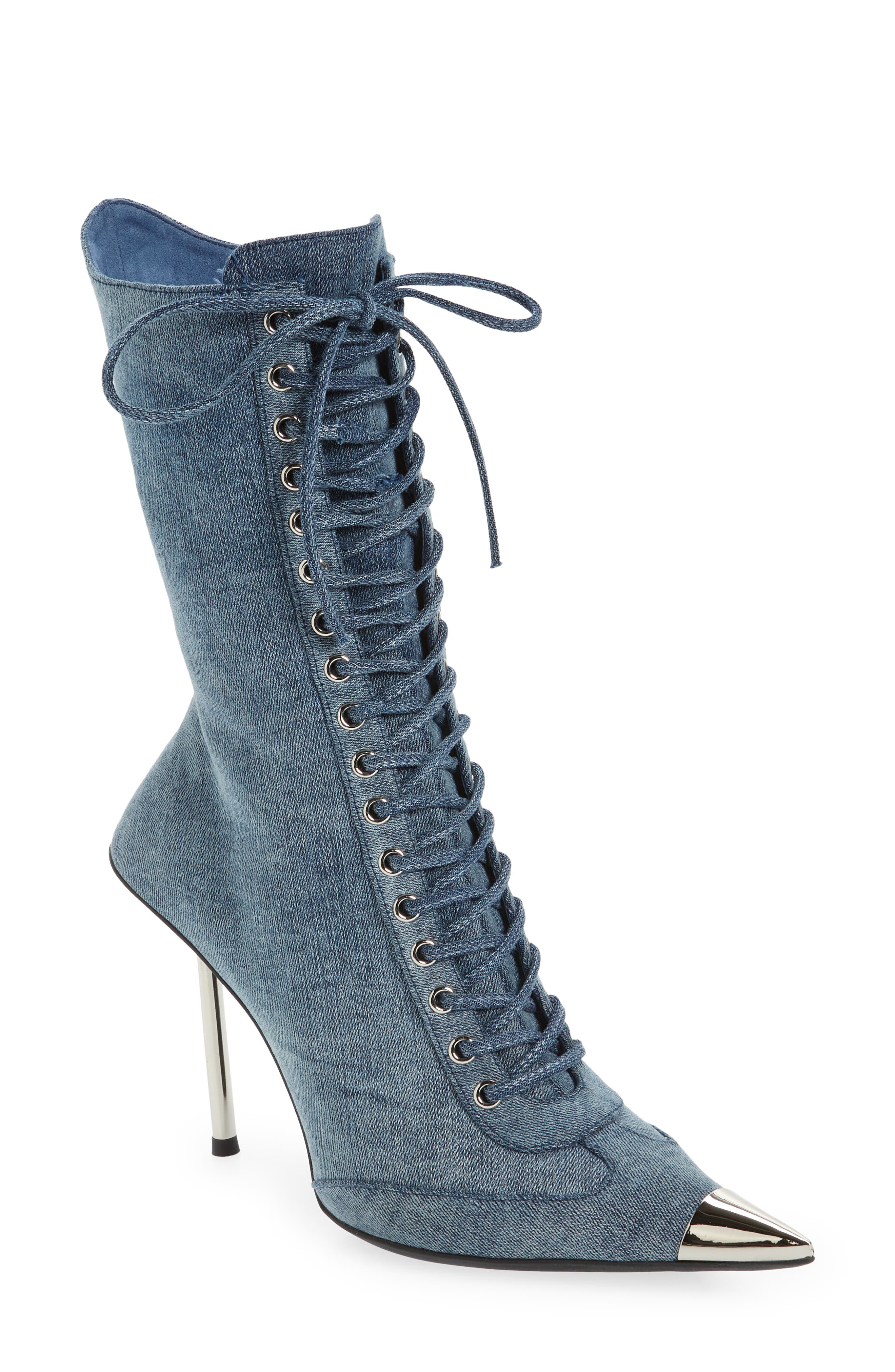 Bringiton Lace-Up Stiletto Bootie, Main, color, DENIM SILVER