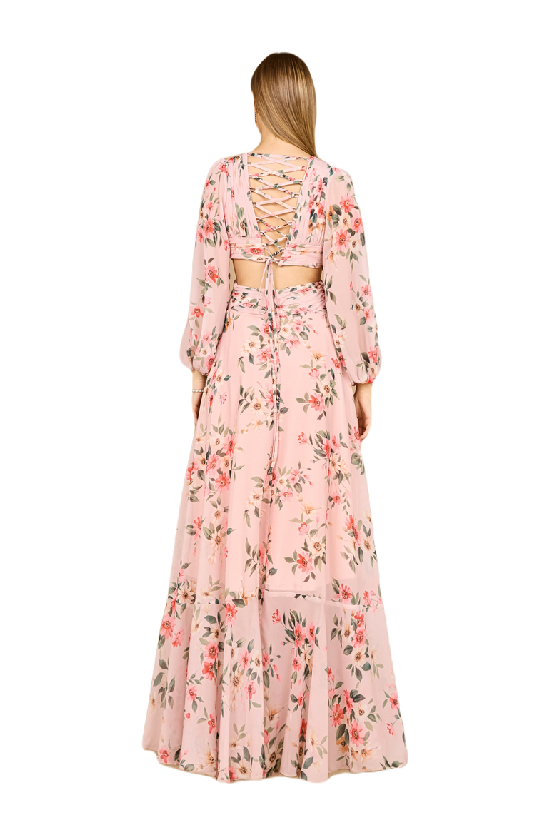 Long Sleeve V-Neck, Layered Skirt Print Dress, Alternate, color, Blush