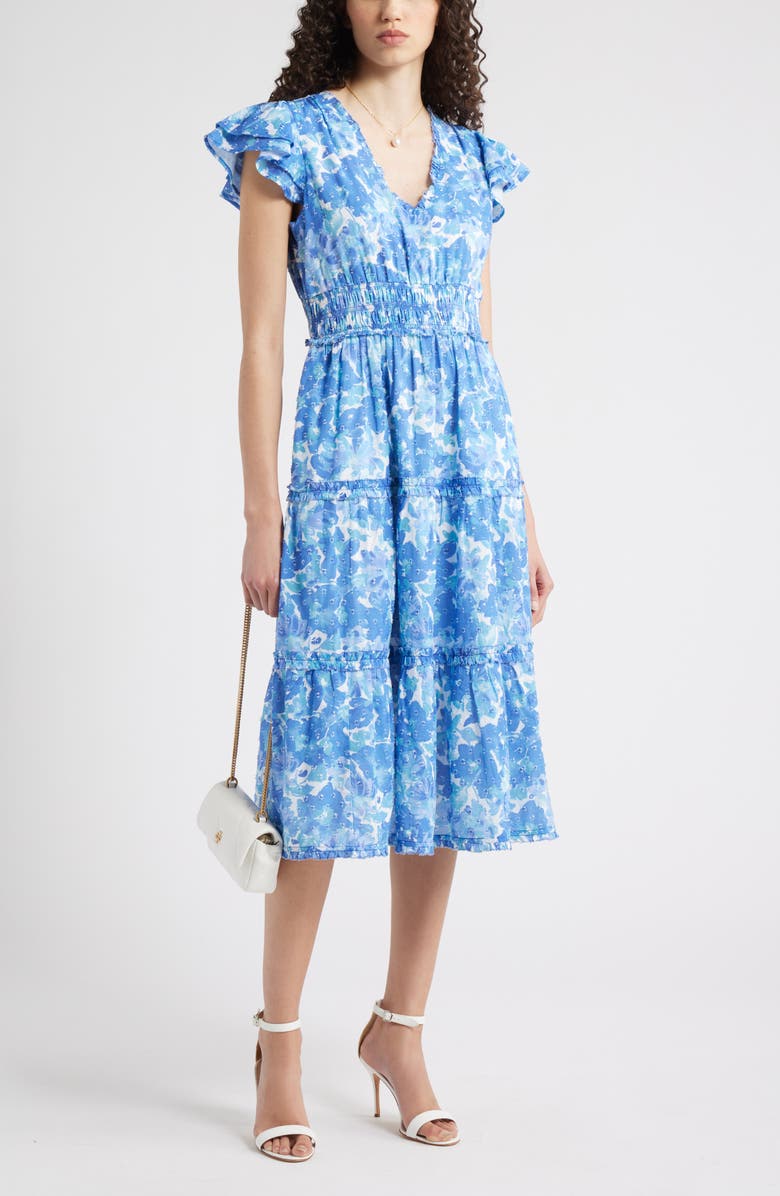 Chelsea28 Flutter Sleeve Tiered Cotton Midi Sundress, Alternate, color, Blue- Tiana Floral