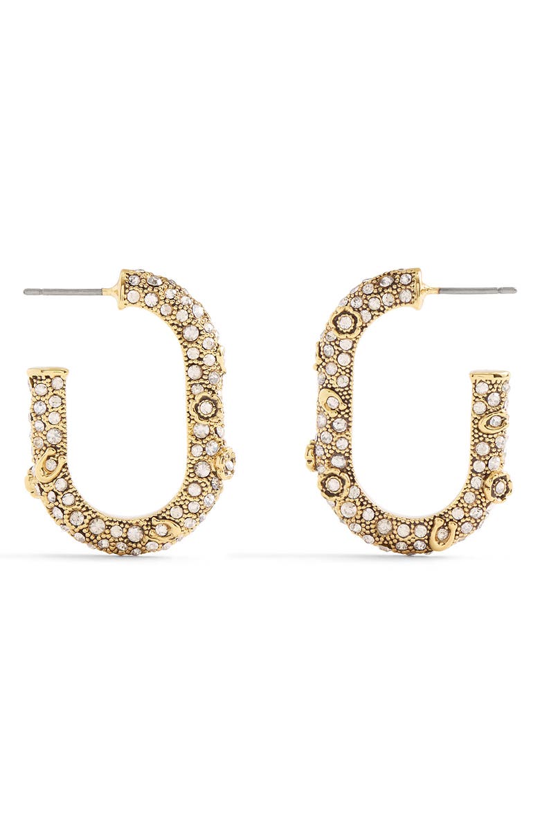 COACH Pavé Crystal Floral Oval Hoop Earrings, Alternate, color,
