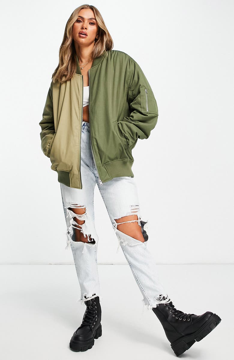 Topshop Oversize Colorblock Bomber Jacket, Alternate, color,