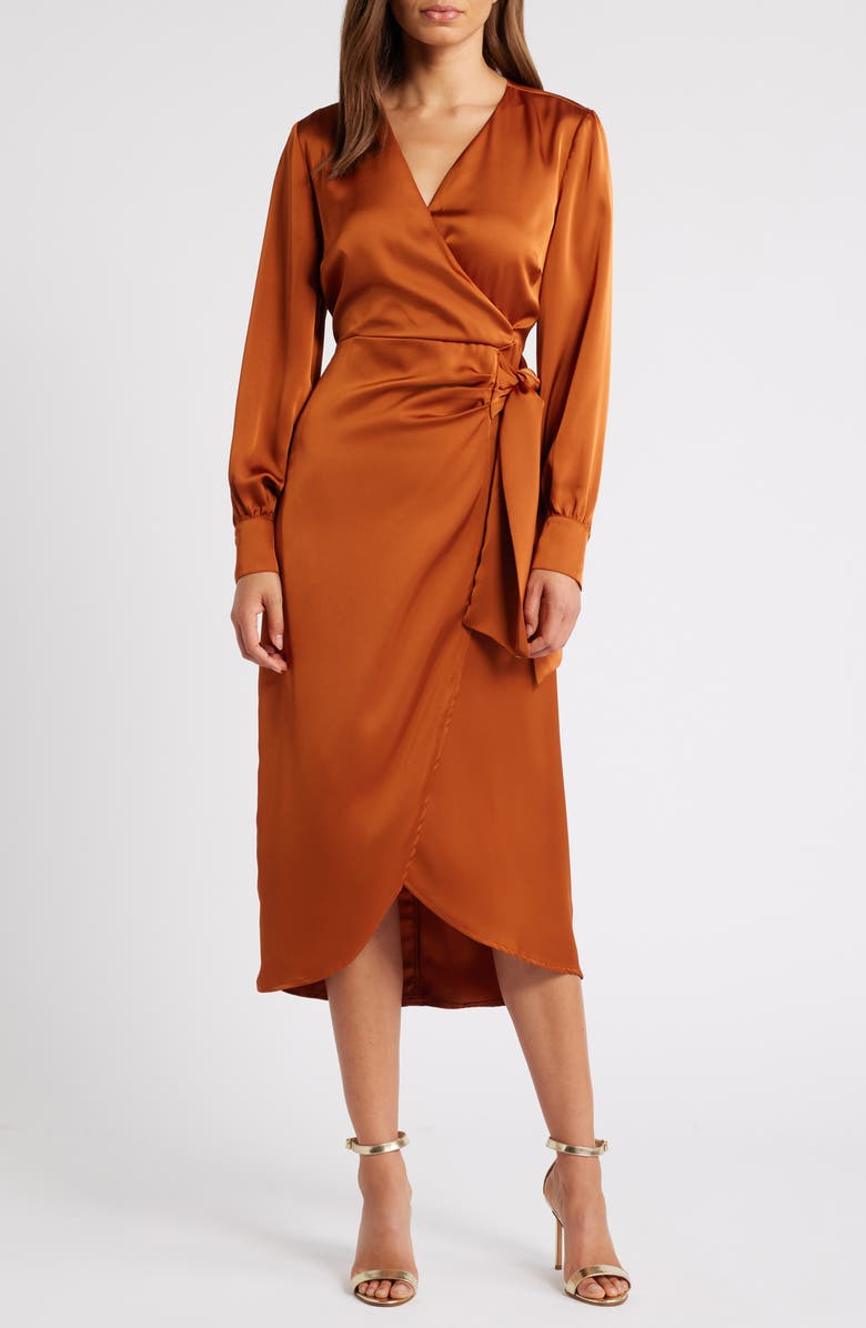 Sam Edelman Fluid Long Sleeve Satin Faux Wrap Midi Dress, Main, color, Copper