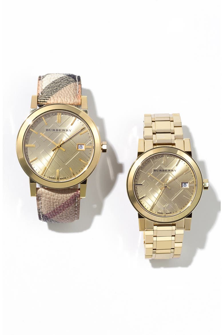 Check Stamped Round Bracelet Watch, 34mm, Alternate, color, ROSE GOLD