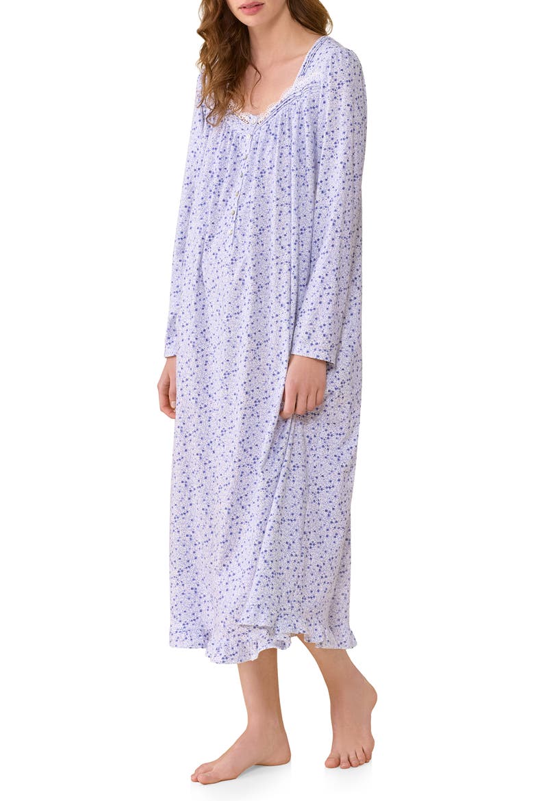 Floral Lace Trim Long Sleeve Nightgown, Alternate, color, BLUE/FLORAL