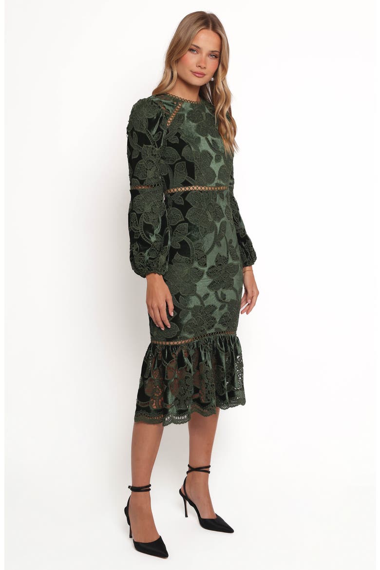 Pierre Long Sleeve Velvet & Lace Midi Dress, Alternate, color, DEEP VELVET GREEN