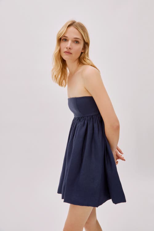 Labeca London Mykono Linen Strapless Dress In Blue