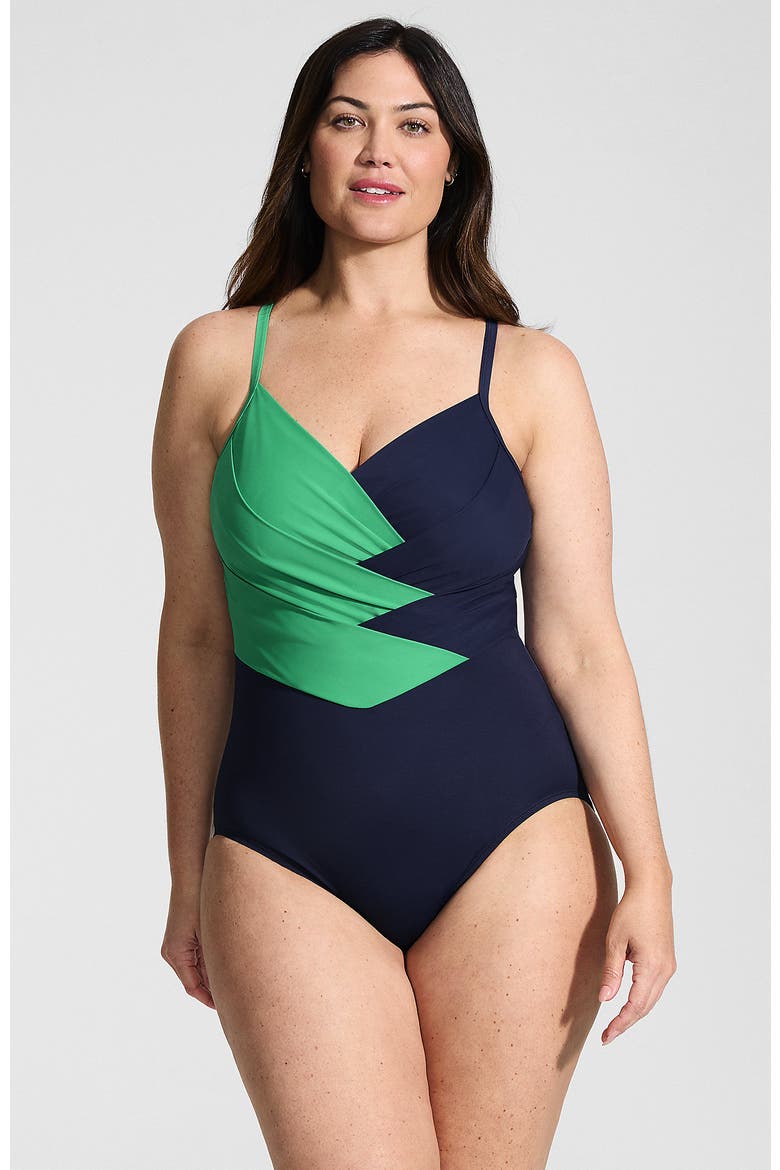 Slender Suit V-neck Pleated X-back One Piece Swimsuit Adjustable Straps, Main, color, Green/Navy