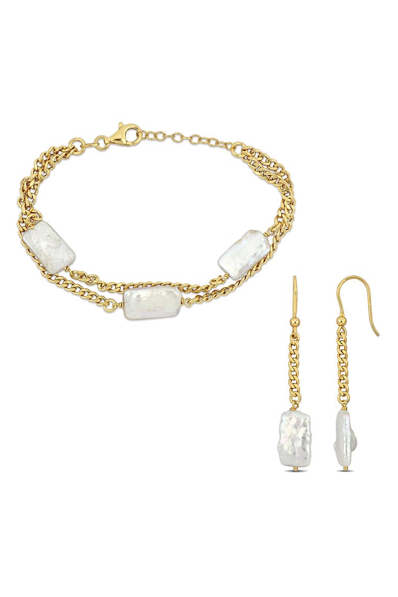 Cultured Freshwater Pearl Curb Chain Bracelet & Drop Earrings Set, Main, color, WHITE