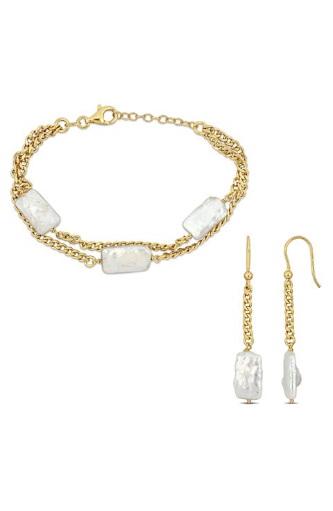 Cultured Freshwater Pearl Curb Chain Bracelet & Drop Earrings Set