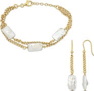 DELMAR Cultured Freshwater Pearl Curb Chain Bracelet & Drop Earrings Set