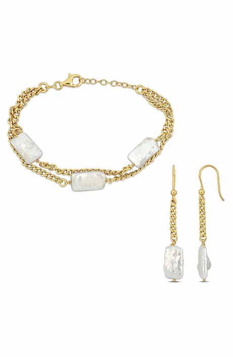DELMAR Cultured Freshwater Pearl Curb Chain Bracelet & Drop Earrings Set