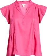 Caslon® Lace Ruffle Linen Blend Top