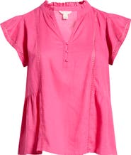 Caslon® Lace Ruffle Linen Blend Top