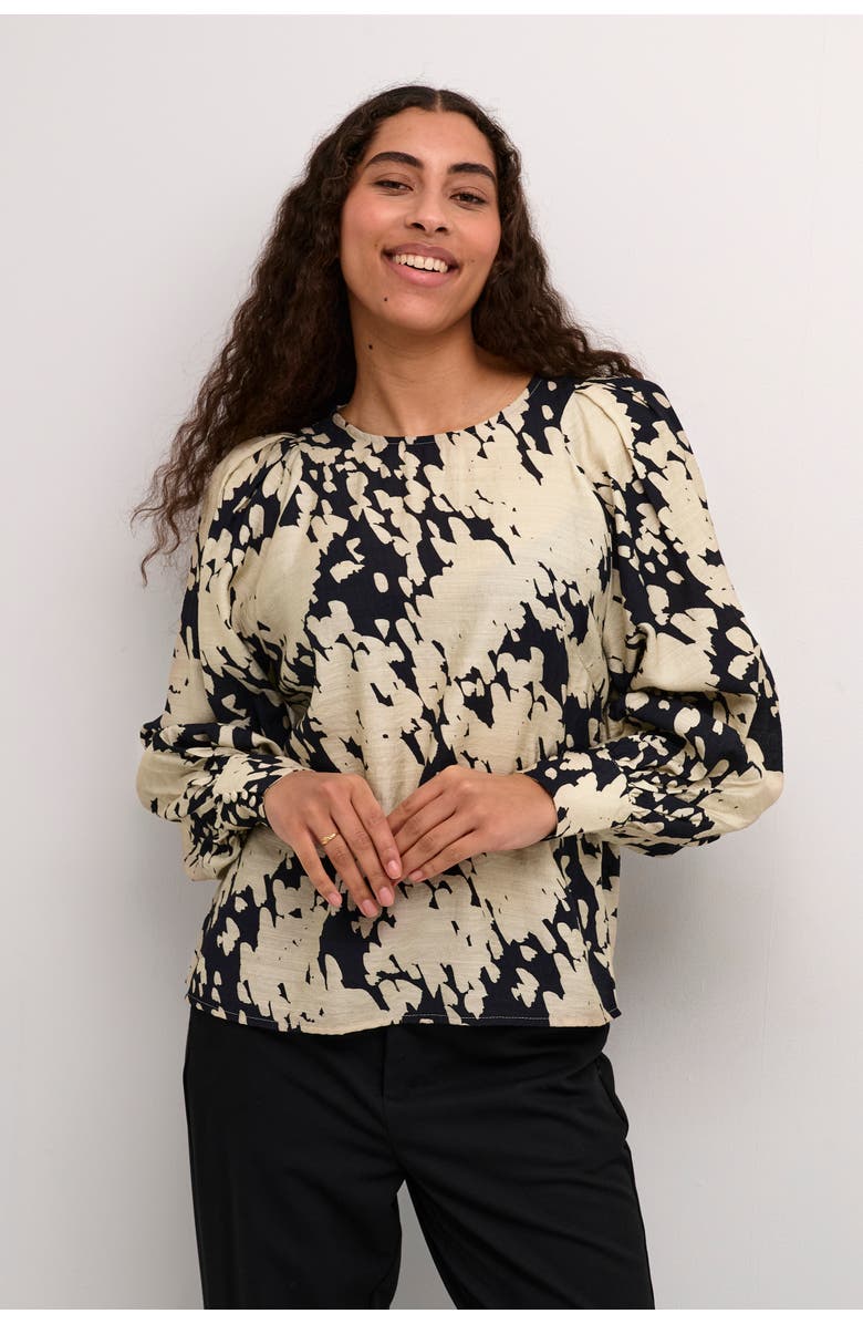 Kaffe KAlouise Long Sleeve Round Neck Blouse, Main, color, Black/Sand Graphic Cloud