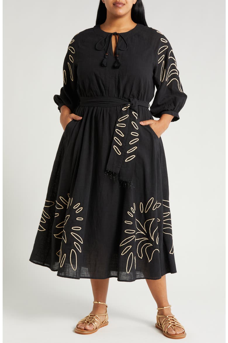 Eliza Embroidered A-Line Dress, Main, color, BLACK