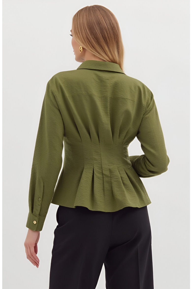 Peplum Button-Up Blouse with Long Sleeves and Structured Waist, Alternate, color, Olive Green