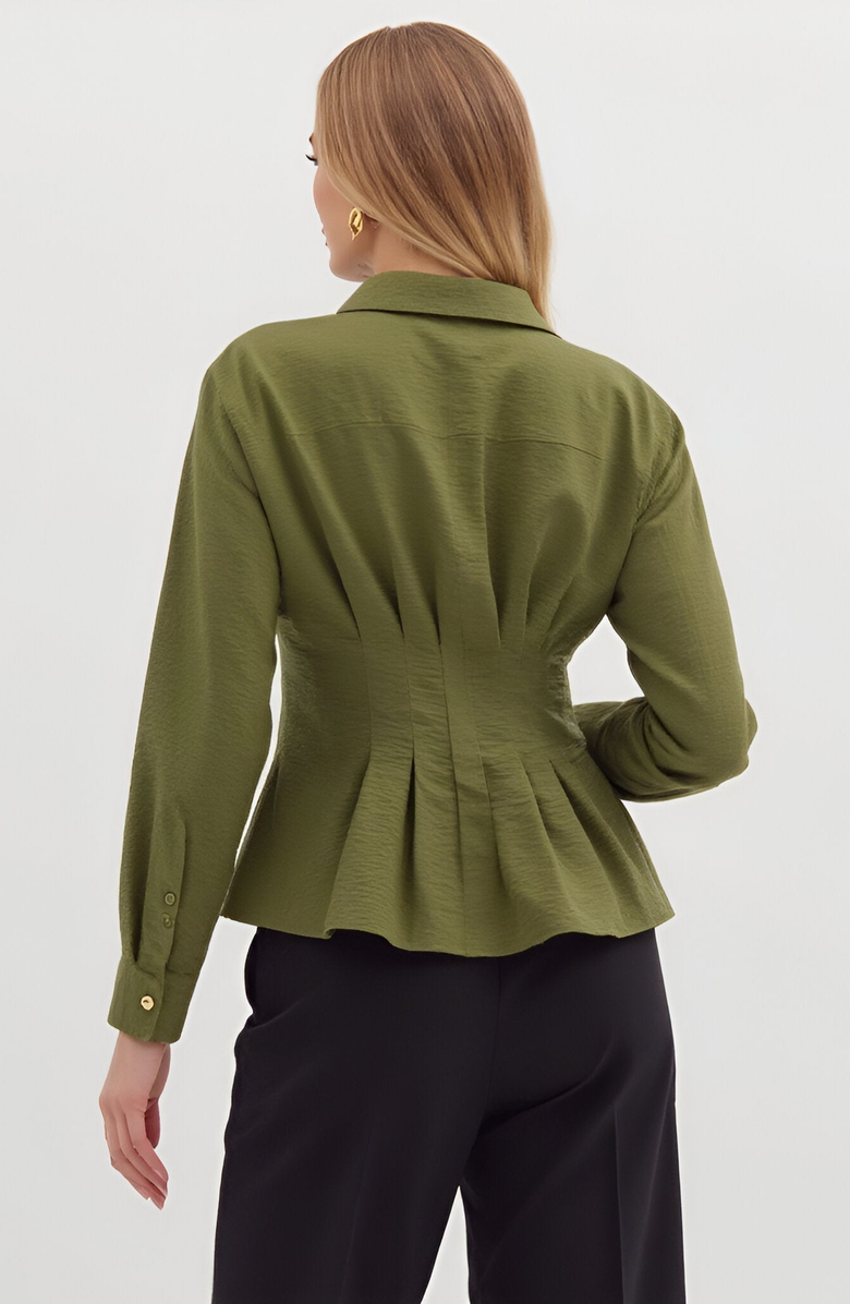 Modenaire Peplum Button-Up Blouse with Long Sleeves and Structured Waist, Alternate, color, 