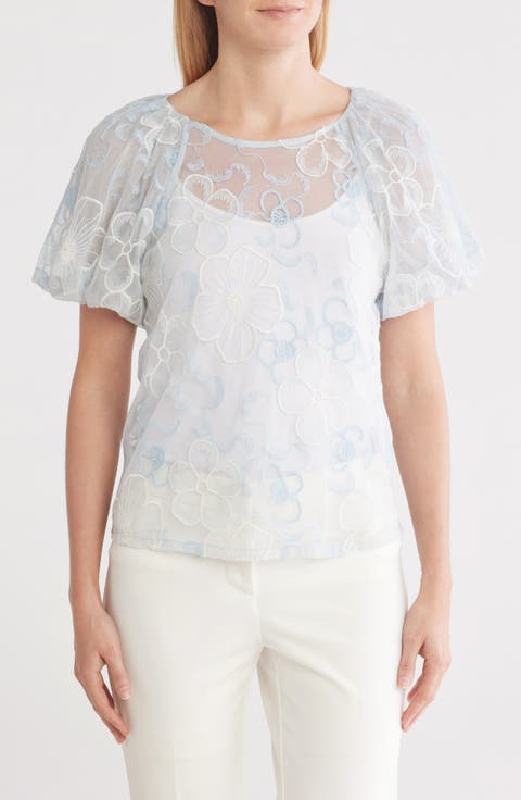 Puff Sleeve Embroidered Mesh Top
