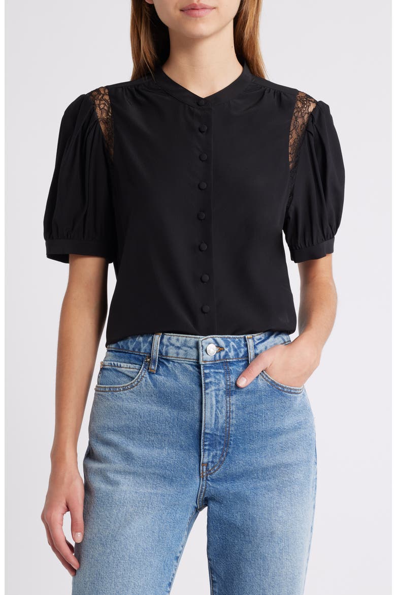 Lace Inset Silk Button-Up Shirt, Main, color, BLACK