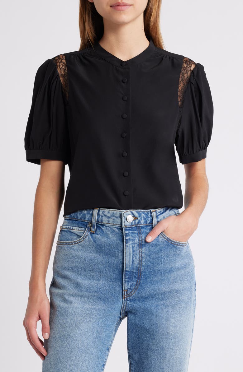 FRAME Lace Inset Silk Button-Up Shirt, Main, color, Black
