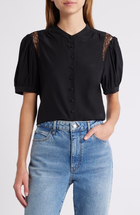 Lace Inset Silk Button-Up Shirt