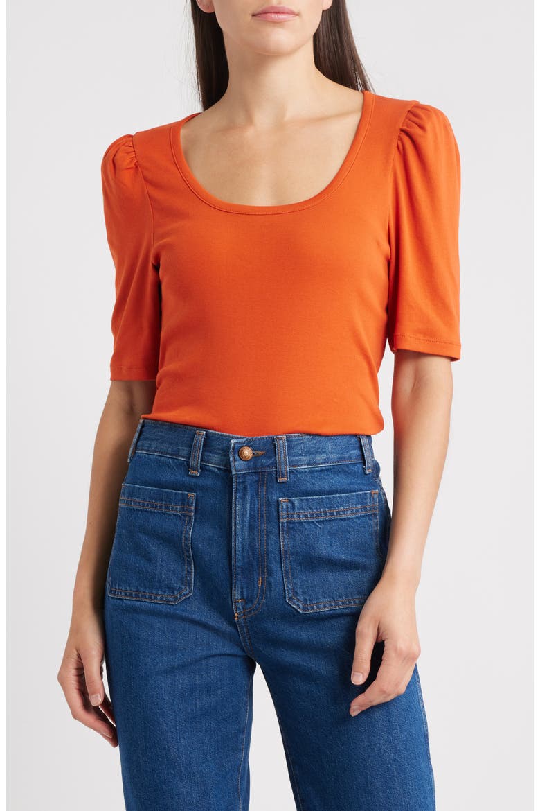 Puff-Sleeve Scoop Neck T-Shirt, Main, color, RUSTIC FLAME