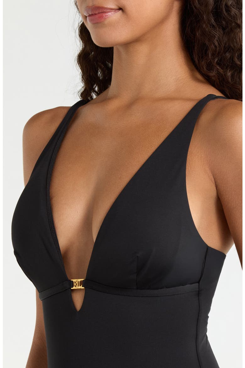 Plunge Neck One-Piece Swimsuit, Alternate, color, BLACK
