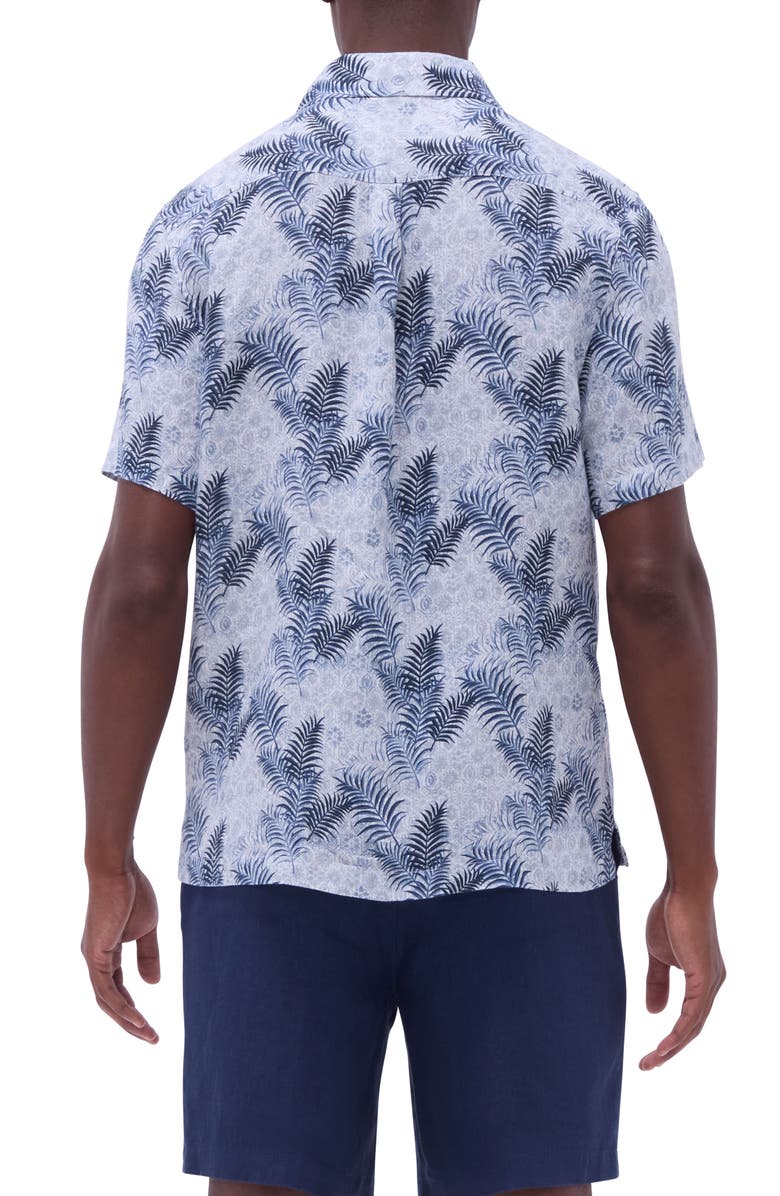Bugatchi Jackson Floral Leaf Print Linen Camp Shirt, Alternate, color, Teal