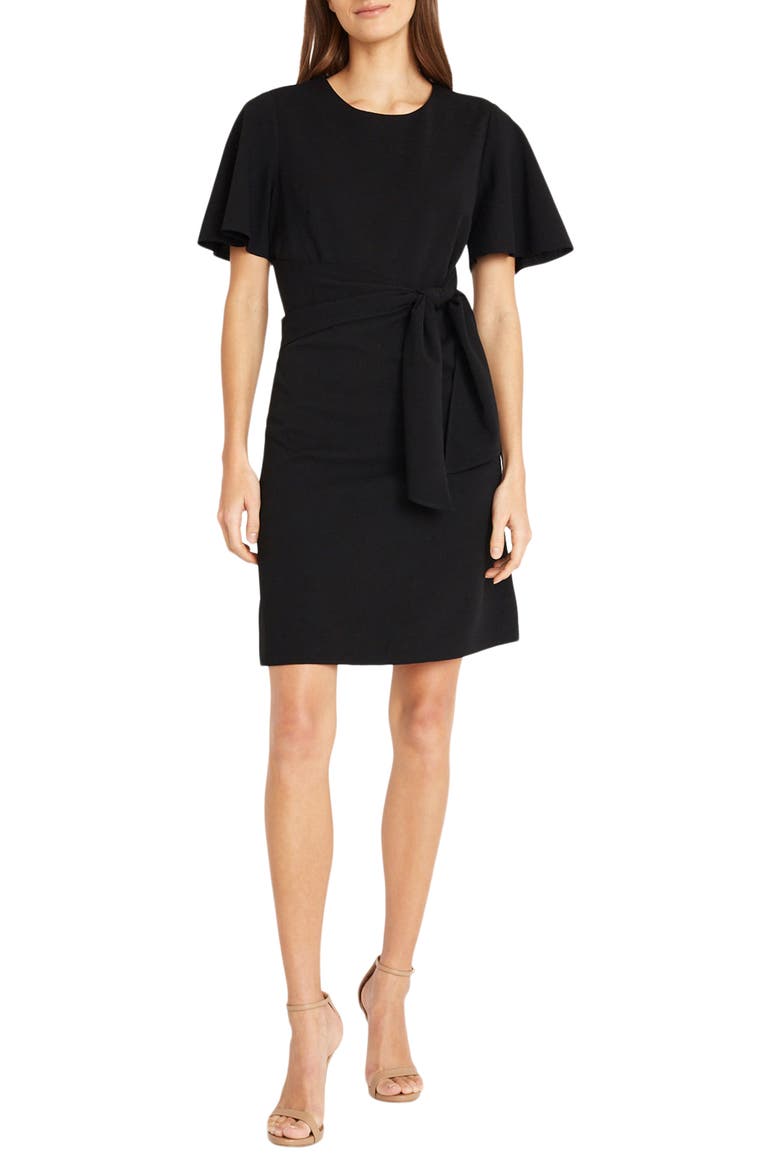 Tie Waist Crepe Dress, Main, color, BLACK